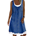 Miniatyrbillede 1 af 3: Kvinders Fake Denim Solid Casual Løs Midikjole i linned mørkegrå dark grey XL