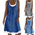 Miniatyrbillede 2 af 3: Kvinders Fake Denim Solid Casual Løs linned ididress lysegrå light grey M