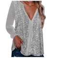 Miniatyrbillede 1 af 4: Dame V-hals krave Pailletfarve Langærmet foldet navle Casual bluse Toppe Sølv Silver L