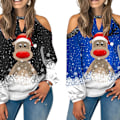 Miniatyrbillede 2 af 5: ny langærmet V-hals bluse med print til kvinder Sort Black XL