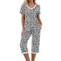 Pikkukuva 1 / 7: Naisten pyjamat, 2-osainen yöpuku lyhythihainen t-paita ja Capri-housut, valkoinen leopardikuvio White Leopard Pattern L