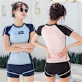 Miniatyrbild 4 av 11: Kortärmade kvinnor Rashguard med pojkshorts Tvådelade delade baddräkter Studenter Magkontroll badkläder för semester Pink Pink L