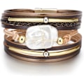 Miniatyrbillede 3 af 5: Leopard Armbånd til Kvinder, Boho Læder Wrap Multi-Layer Perle Krystal Armbånd Smykker A3Brown Leather(Pearl) A7Feather