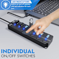 Miniatyrbild 4 av 6: 7-Port USB Hub 3.0 – Multi USB Port Hub med individuella switchar och lampor – Flera portar USB-adapterkontakt – Höghastighets USB-förlängare för Flash
