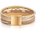 Miniatyrbilde 3 av 6: Leopardarmbånd for kvinner, Boho lær innpakning flerlags perle krystall armbånd bangle smykker B38:Double Circle(Khaki) A7Feather