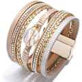 Miniatyrbild 2 av 4: Leopard Armband för Kvinnor, Boho Läder Wrap Flerskikts Pärla Kristall Armband Smycken B12Round Pearl(Gold) A7Feather