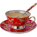 Miniatyrbillede 1 af 8: YBK Tech Euro Style Bone China Kop & Underkop Sæt, Keramisk Te- og Kaffe Kop til Hjemmet Køkken Bryllup (Retro Blomstermønster - Rød) Retro Flower Pattern Red