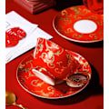 Miniatyrbild 7 av 8: YBK Tech Euro Style Benporslinskopp & Fatbricka Set, Keramisk Te- & Kaffeekopp för Hem, Kök, Bröllop (Retro Blommönster - Röd) Retro Flower Pattern Red