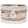 Miniatyrbillede 1 af 4: Leopard Armbånd til Kvinder, Boho Læder Wrap Multi-Layer Perle Krystal Armbånd Smykker B13Round Pearl(White) A7Feather