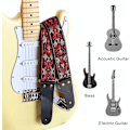 Miniatyrbilde 4 av 5: Rød - Brodert gitarstropp, lærreim med usynlig lomme, for bass, elektrisk og akustisk gitar