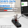 Miniatyrbillede 3 af 6: 7-ports USB-hub 3.0 – Multi USB-port-hub med individuelle switche og lys – Multi-port USB-adapter-stik – High-speed USB-extender til flash