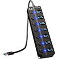 Miniatyrbillede 1 af 6: 7-ports USB-hub 3.0 – Multi USB-port-hub med individuelle switche og lys – Multi-port USB-adapter-stik – High-speed USB-extender til flash