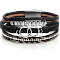 Pikkukuva 1 / 6: Leopardirannekoru naisille, Boho nahkainen kääre monitasoinen helmi kristallirannekoru koru B35:Double Circle(Black) A7Feather