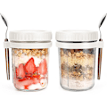 Miniatyrbillede 1 af 6: 2 stk. Overnight Oats-glas, beholder med låg og ske, 10 oz korn, mælk, grøntsags- og frugtsalatopbevaringsbeholder med målemærker (HVID)