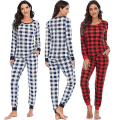 Miniatyrbild 4 av 5: Damer Långärmad Rutiga Pyjamas Set Bekväma Mjuka Hemkläder Pyjamas Set (Röd,M) Red m