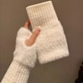 Miniatyrbillede 3 af 5: Enkle Plys Splice Strikkede Handsker Stilfulde Elegante Bløde Varme Fingerløse Handsker Efterår Vinter Kuldebeskyttende Elastisk Håndledsbetræk{db} White