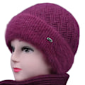 Miniatyrbild 1 av 5: Varm Vintermössa i Ull med Fleecefoder för Äldre Kvinnor - Tjock Stickad Mössa för Mormor [DB] Rose Red