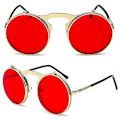 Miniatyrbillede 2 af 3: Mænd Kvinder Retro Flip Up Cirkel Steampunk Solbriller Goggles Cirkel Solbriller Vintage Briller [DB] Gold Frame Red Lenses