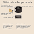 Miniatyrbillede 4 af 5: Indendørs væglampe, Touch Led væglampe med USB opladningsport Touch Control, 3 lysstyrke niveauer 3 temperaturer 360 roterbar natlampe [DB]