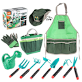 Miniatyrbillede 1 af 5: 11-delt børnehavearbejdssæt medfølger tote taske spade rive gaffel forklæde handsker vandkande udendørs legetøj gave til drenge piger  [dB} Green