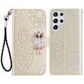 Miniatyrbillede 1 af 5: Til Samsung Galaxy S24 Ultra Wallet Case Ugle Blomst Trykt Rhinestone Læder Cover - Rød {db} Gold Samsung Galaxy S24 Ultra