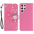Miniatyrbillede 1 af 5: Til Samsung Galaxy S24 Ultra Wallet Case Ugle Blomst Trykt Rhinestone Læder Cover - Rød {db} Pink Samsung Galaxy S24 Ultra