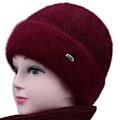 Miniatyrbild 1 av 5: Varm Vintermössa i Ull med Fleecefoder för Äldre Kvinnor - Tjock Stickad Mössa för Mormor [DB] Jujube Red