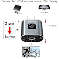 Miniatyrbillede 2 af 5: HDMI Switch 4K HDMI Splitter - Gana Prime Aluminium Bi-direktionel HDMI Switch 1 Ind 2 Ud (enkelt skærm) Eller 2 Input 1 Output, Understøtter 4K [Db] 1PC