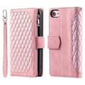 Kompatibelt for iPhone 16e Deksel Rombe Preget Glidelås Lommebok Lærdeksel med Stropp [DB] PinkGold