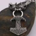 Pikkukuva 4 / 6: Retro Punk Viking Susi Pää Biting Sormus Kaulakoru Celtic Thor's Hammer Pattern Totem Ripus Mies's Muoti trendi korut
