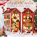 Miniatyrbillede 2 af 6: Jul Dukkehus Kit 3D Træ Puslespil Med Sensor Lys Støv cover Booknook Bogreol