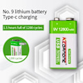 Miniatyrbild 2 av 6: 9V uppladdningsbart batteri 12800mAh 6F22 Mikro USB 9v Li-ion litium batterier för multimeter mikrofon leksak