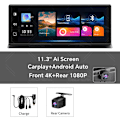 Pikkukuva 7 / 7: 11,3" Dash Cam 4K 2160P auto DVR tallennus Carplay & Android Auto Langaton yhteys 5G WiFi GPS navigointi kojelauta kaksoisobjektiivi 128G  TF kortti