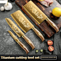 Miniatyrbillede 2 af 8: 4 stykker  Guld køkken kniv sæt rustfrit stål klinge med gylden titanium beklædning kok kniv sæt til køkken
