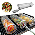 Miniatyrbillede 1 af 7: Høj kvalitet Rund BBQ kurv rustfrit stål rullende grillning kurv wire net cylinder grill kurv bærbar udendørs camping grill stativ