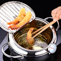 Miniatyrbillede 2 af 7: Dyb friture gryde med termometer og låg 304 rustfrit stål køkken tempura frituregryde