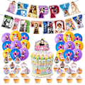 Miniatyrbilde 1 av 5: Taylor Swift-tema bursdagsfestutstyr inkluderer bannerballonger sett kake cupcakes topper dekorasjonsett