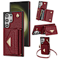 Miniatyrbild 1 av 5: Fodral för Samsung Galaxy S24 Ultra med kortfack i läder + TPU-skydd med axelrem Wine Red