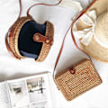 Miniatyrbild 3 av 5: Handvävd Rund Rottingväska Retro Flätad Rund Halmväska Gåva Till Flickvän Fru Dotter Small Square Bag