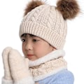 Miniatyrbild 5 av 5: Toddler-hatt i vinterfärg med dubbla pompom-stickade mössor och halsduk i samma färg style 5
