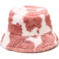 Miniatyrbild 1 av 3: Vinterfårfällhatt i hinkmodell, fluffig varm hatt för kvinnor och män, ko-print rosa