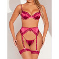 Miniatyrbilde 5 av 5: Solid Sexy Lingerisett for Kvinner med Underwire Push Up BH og Strømpebåndssett Lingeri BH Truser Sett Lys Claret XL XL Claret