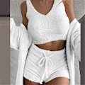 Pikkukuva 1 / 2: Naisten Seksikäs Pehmeä Lämmin Sherpa-Fleece 3-Osainen Asuste Fleece-Takki Ulkovaatteet ja Spaghettihihnallinen Crop Top Shorts Set white M