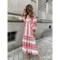 Miniatyrbillede 1 af 5: Sommer Kjole med Puffærmer Lang Dame Løstsiddende Boho Blomsterkjole Mode Ferie Strand Vintage Kjole Elegant Geometrisk Print Vestido Claret XL