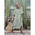 Miniatyrbillede 4 af 5: Sommer Kjole med Puffærmer Lang Dame Løstsiddende Boho Blomsterkjole Mode Ferie Strand Vintage Kjole Elegant Geometrisk Print Vestido Light Green S