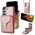 Miniatyrbilde 1 av 5: For Samsung Galaxy S24+ Etui i PU-lær + TPU Kickstand Telefondeksel med Skulderstropp Rose Gold