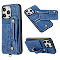 Miniatyrbild 1 av 5: Fodral för Iphone 14 Pro Max med stativ och kortfack i TPU+läder Blue