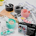 Miniatyrbild 1 av 2: 4-färgad rostfritt stål mätkopp 8-delad plast mätningssked mätningssked bakset kök gadget set mätningssked