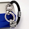 Miniatyrbillede 1 af 5: Viking Rune Perle Ulvehoved Armbånd Rustfrit Stål Læderarmbånd black style 10