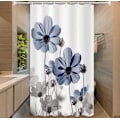 Miniatyrbillede 2 af 5: Unikt blomstret blåt bruseforhæng til badeværelsesindretning, blå og grå tusindfryd blomst elegant vildblomst design bondehus bruseforhæng med kroge